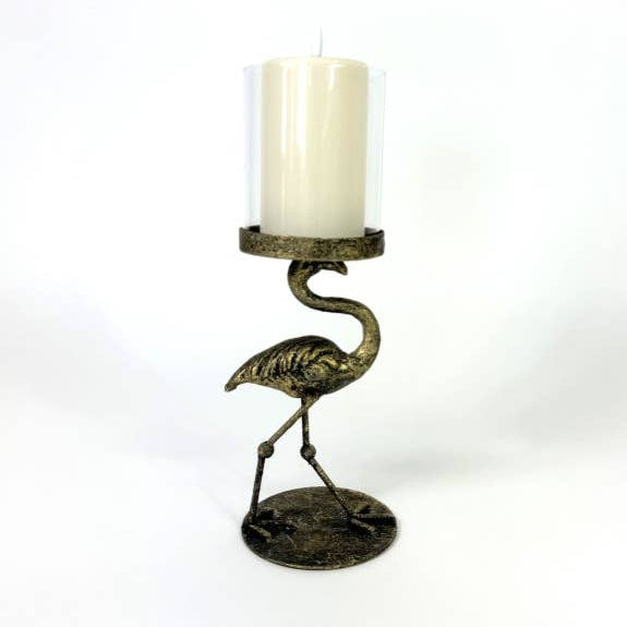 Antiqued Flamingo Candle Holder with Glass Cover