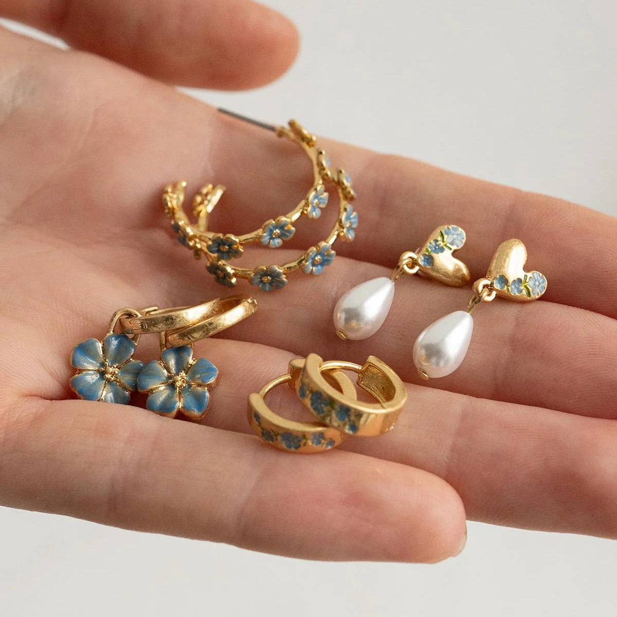 Fable England - Forget-Me-Not Heart & Pearl Huggie Earrings