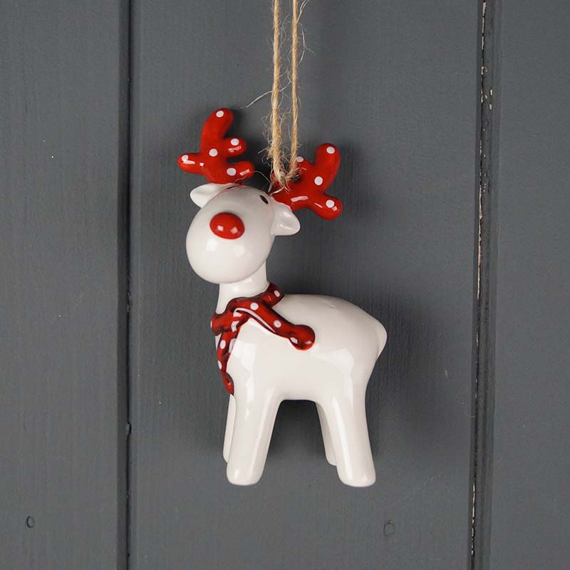 Red and White Ceramic Deer Bauble