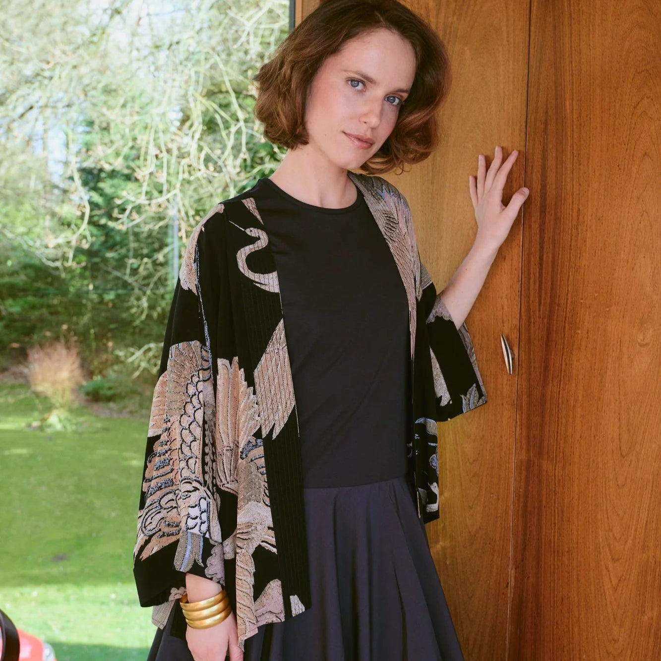 Crane Black Crepe Kimono