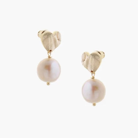 Heart Shaped Earrings in Gold with Freshwater Pearl drop