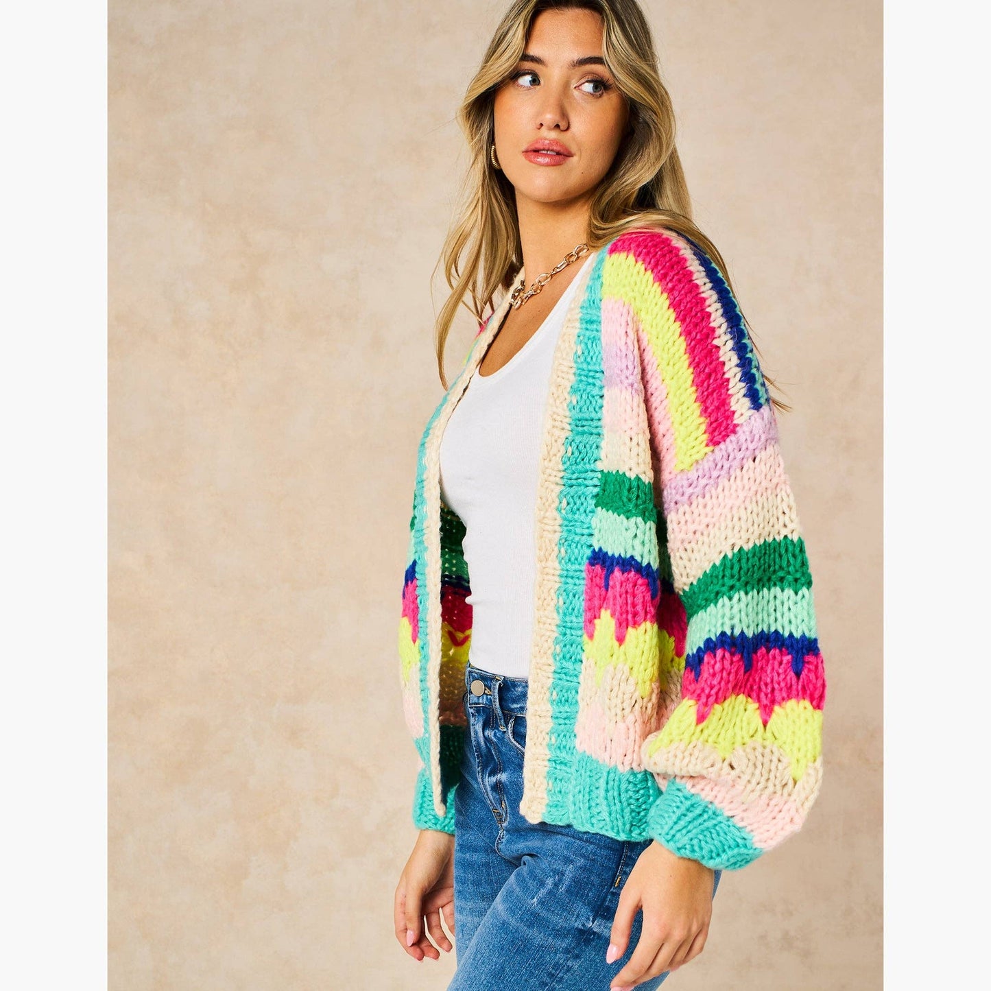 Hand Knitted Rainbow Striped Cardigan in Multi: One-size (UK 8-18)