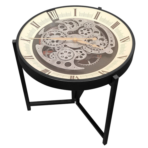 Industrial Iron Moving Gears Clock Side Table
