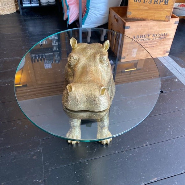 Large Gold Hippo Glass Top Side/Coffee Table - black flamingo store
