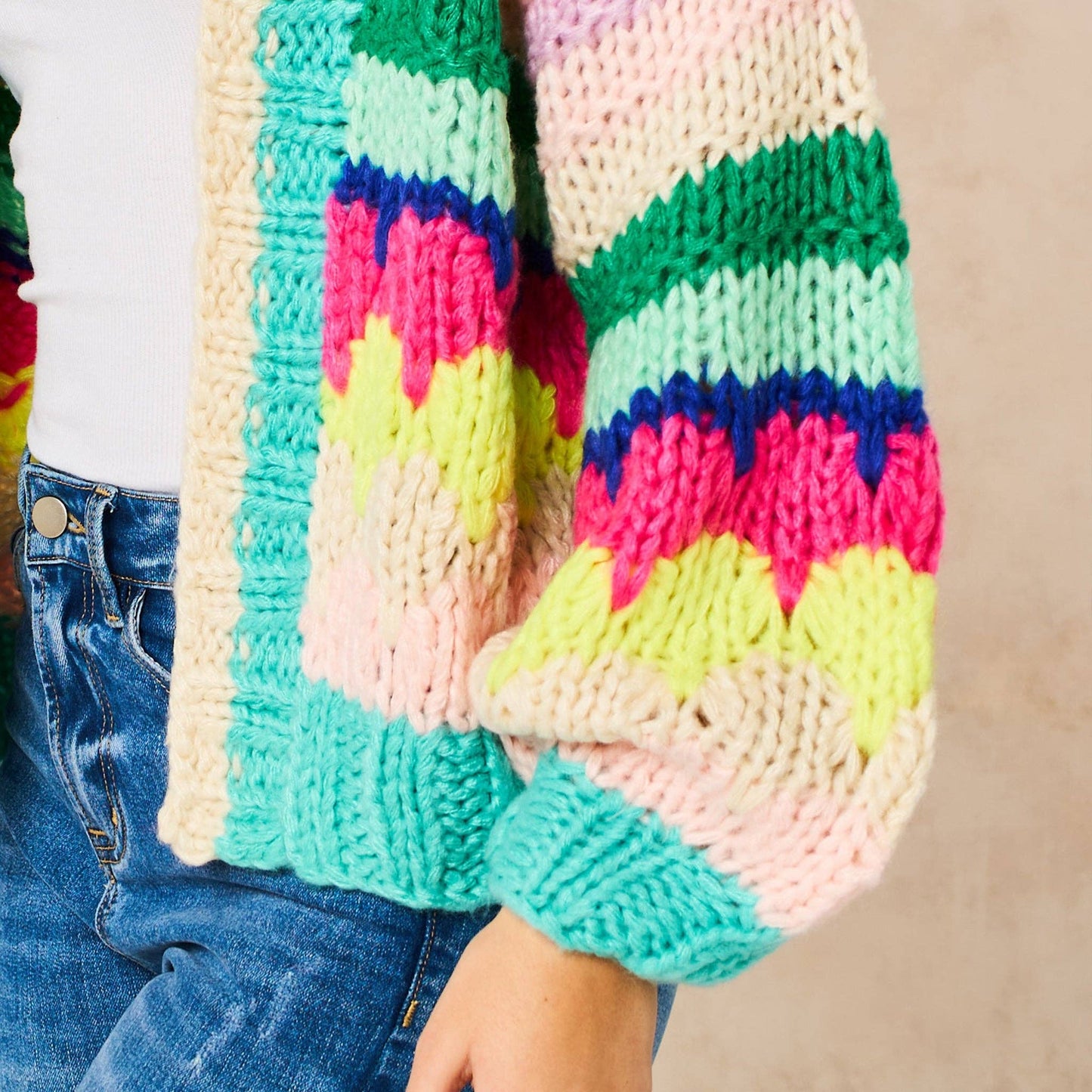 Hand Knitted Rainbow Striped Cardigan in Multi: One-size (UK 8-18)