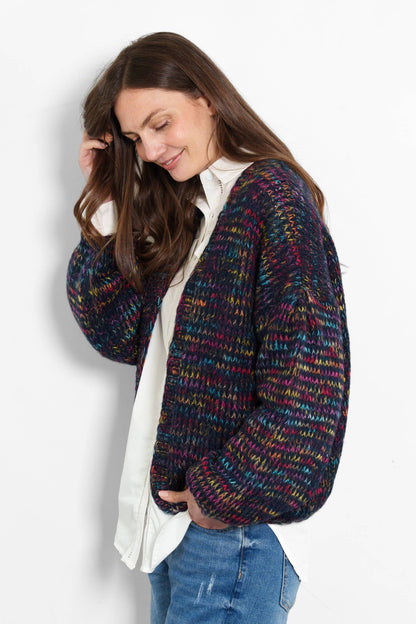 Brodie Wool Blend Cardigan - Navy Blue, Rainbow Knit - Large (UK 16-18)