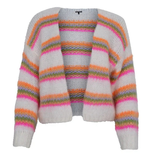 Black Colour Minna Striped knitted Cardigan - White Neon