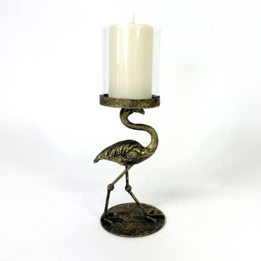 Antiqued Flamingo Candle Holder with Glass Cover