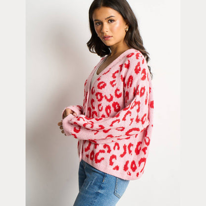 Leopard Print Italian Wool Blend Cardigan in Pink/Red: One-size (UK 8-18)