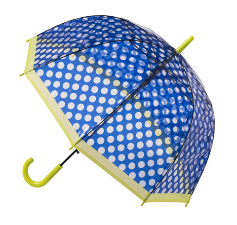 Clear Dome Stick Umbrella with Dark Blue polka dots