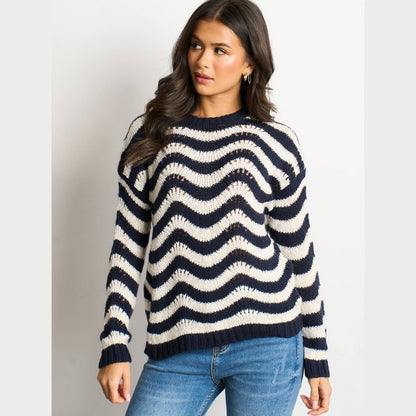 Wave Stripe Scalloped Italian Wool Blend Jumper in Cream/Navy Blue - One-size (UK 8-18)