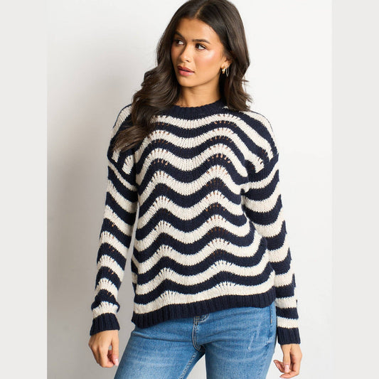 Wave Stripe Scalloped Italian Wool Blend Jumper in Cream/Navy Blue - One-size (UK 8-18)