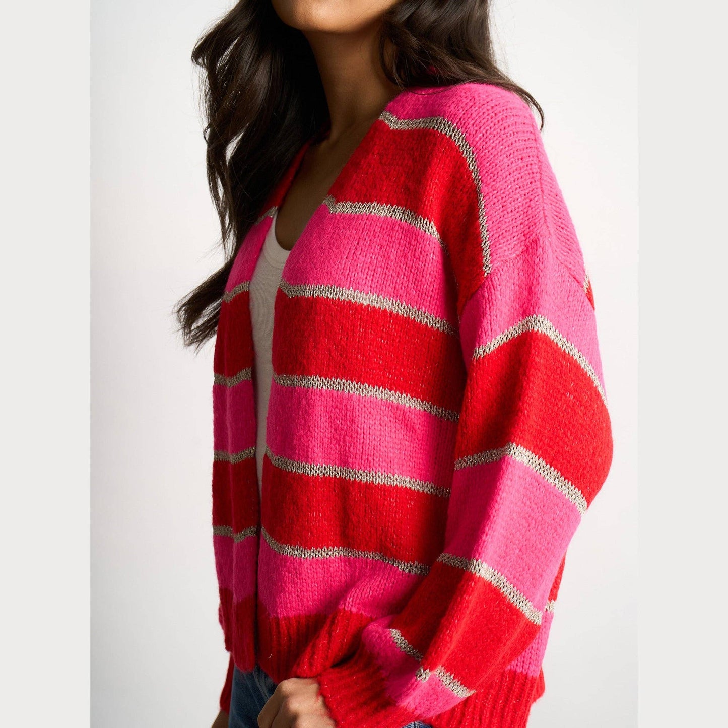 Glitter Striped Italian Wool Blend Cardigan in Red: One-size (UK 8-18)