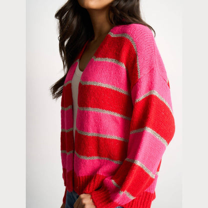 Glitter Striped Italian Wool Blend Cardigan in Red: One-size (UK 8-18)