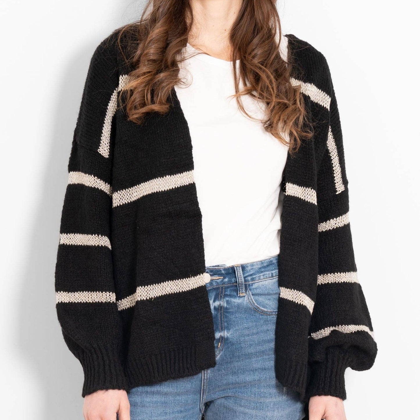 Lucy Wool Blend Cardigan - Black, Gold/Striped: One-size (UK 8-18)