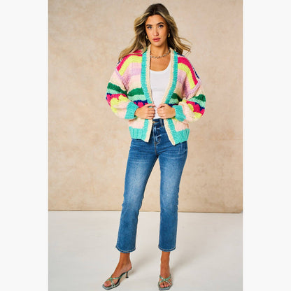 Hand Knitted Rainbow Striped Cardigan in Multi: One-size (UK 8-18)