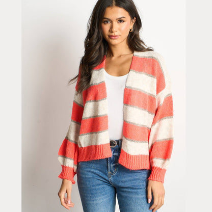 Glitter Striped Italian Wool Blend Cardigan in Coral: One-size (UK 8-18)