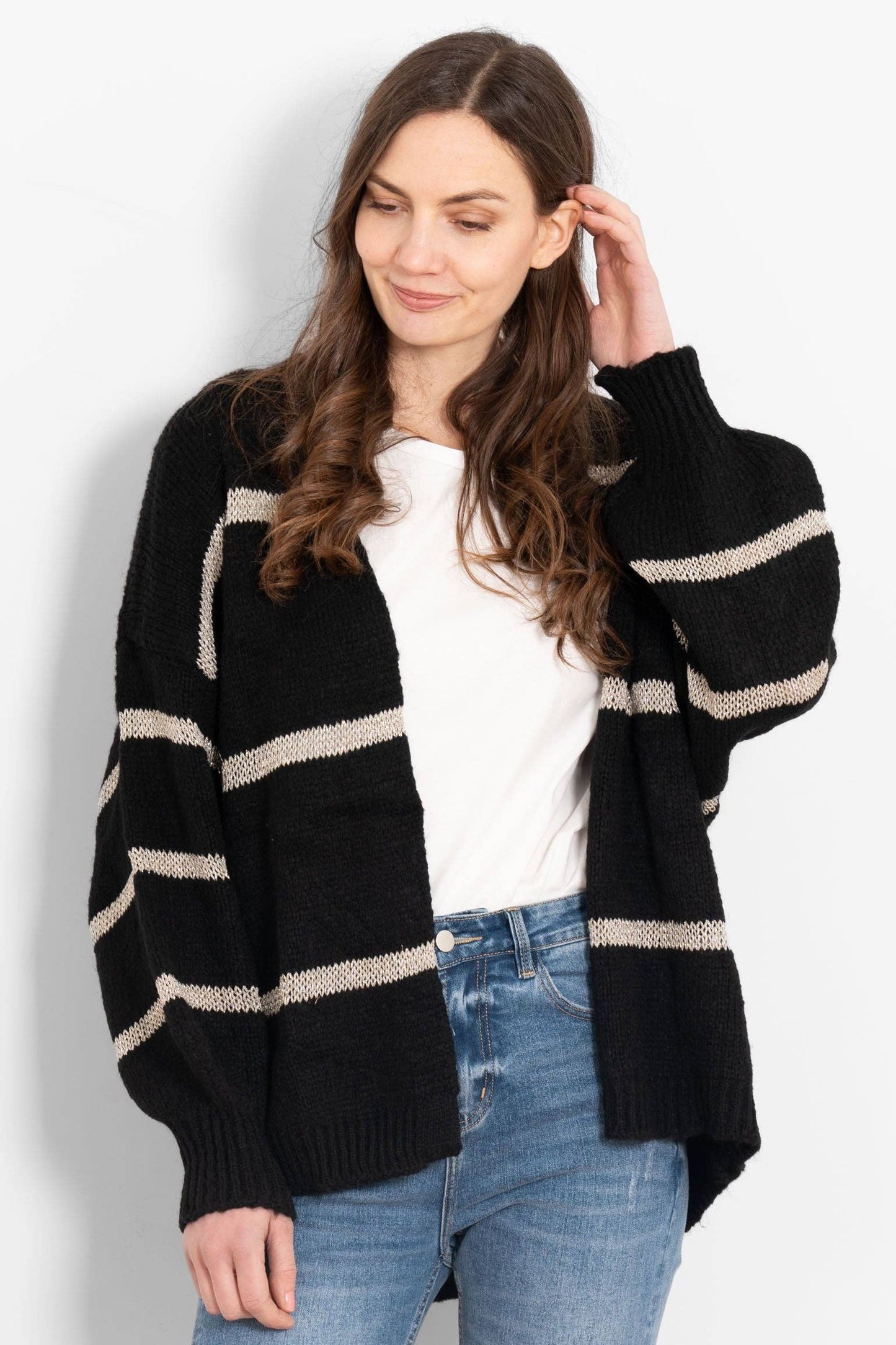 Lucy Wool Blend Cardigan - Black, Gold/Striped: One-size (UK 8-18)