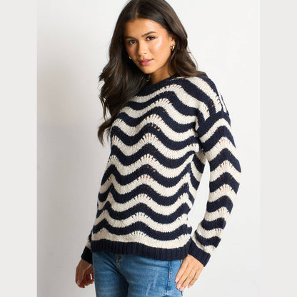 Wave Stripe Scalloped Italian Wool Blend Jumper in Cream/Navy Blue - One-size (UK 8-18)