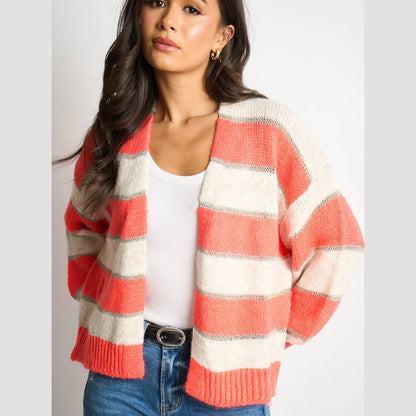 Glitter Striped Italian Wool Blend Cardigan in Coral: One-size (UK 8-18)