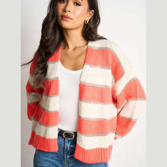 Glitter Striped Italian Wool Blend Cardigan in Coral: One-size (UK 8-18)