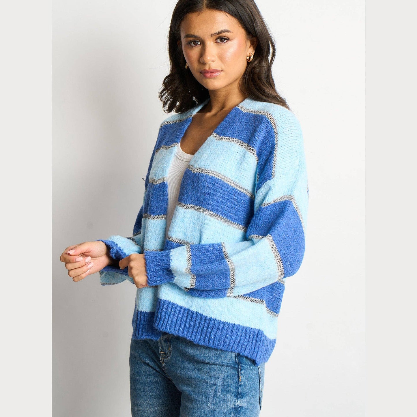 Glitter Striped Italian Wool Blend Cardigan in Blue: One-size (UK 8-18)