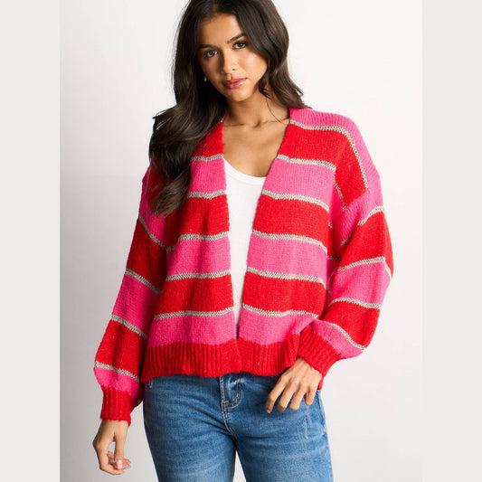 Glitter Striped Italian Wool Blend Cardigan in Red: One-size (UK 8-18)