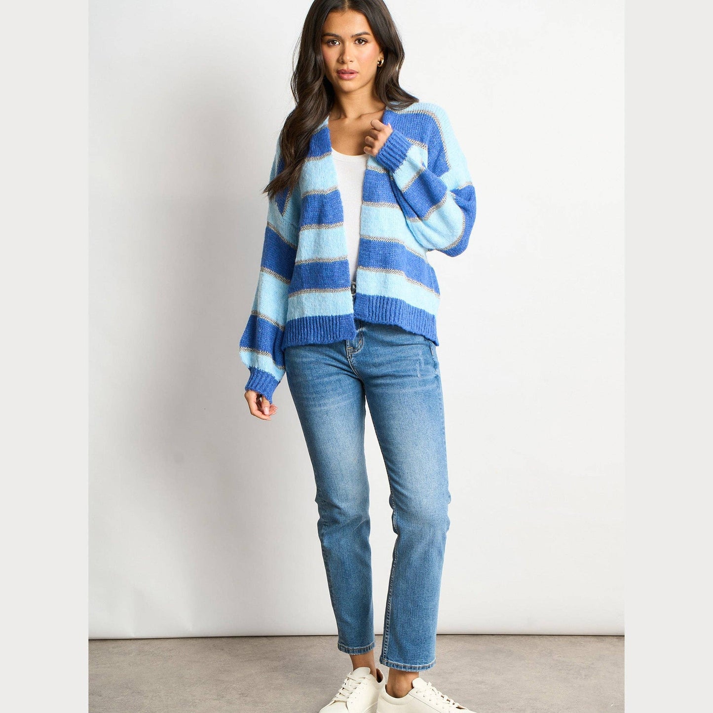 Glitter Striped Italian Wool Blend Cardigan in Blue: One-size (UK 8-18)
