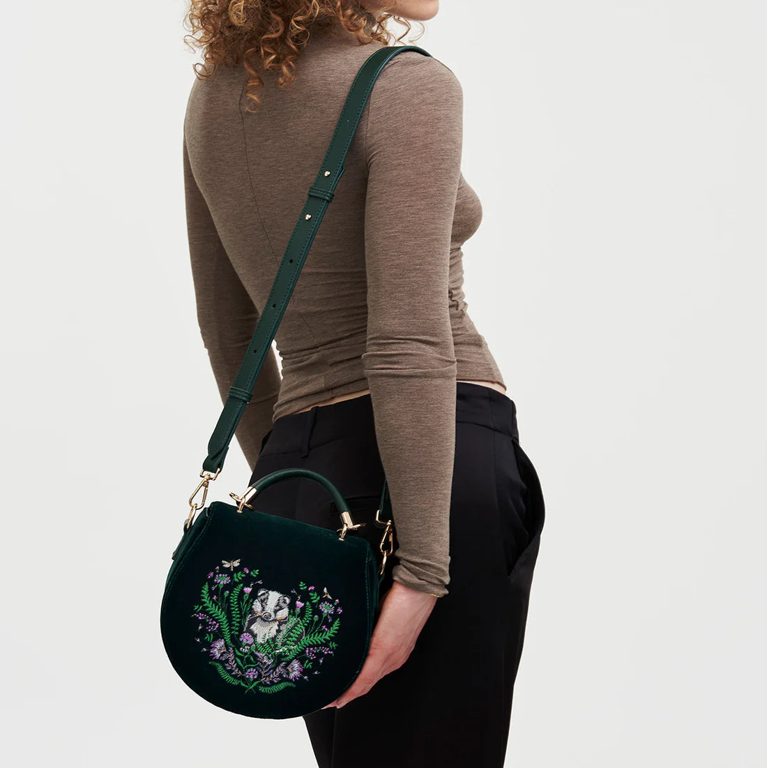 Fable - Green Badger Embroidered Top Handle Saddle Bag