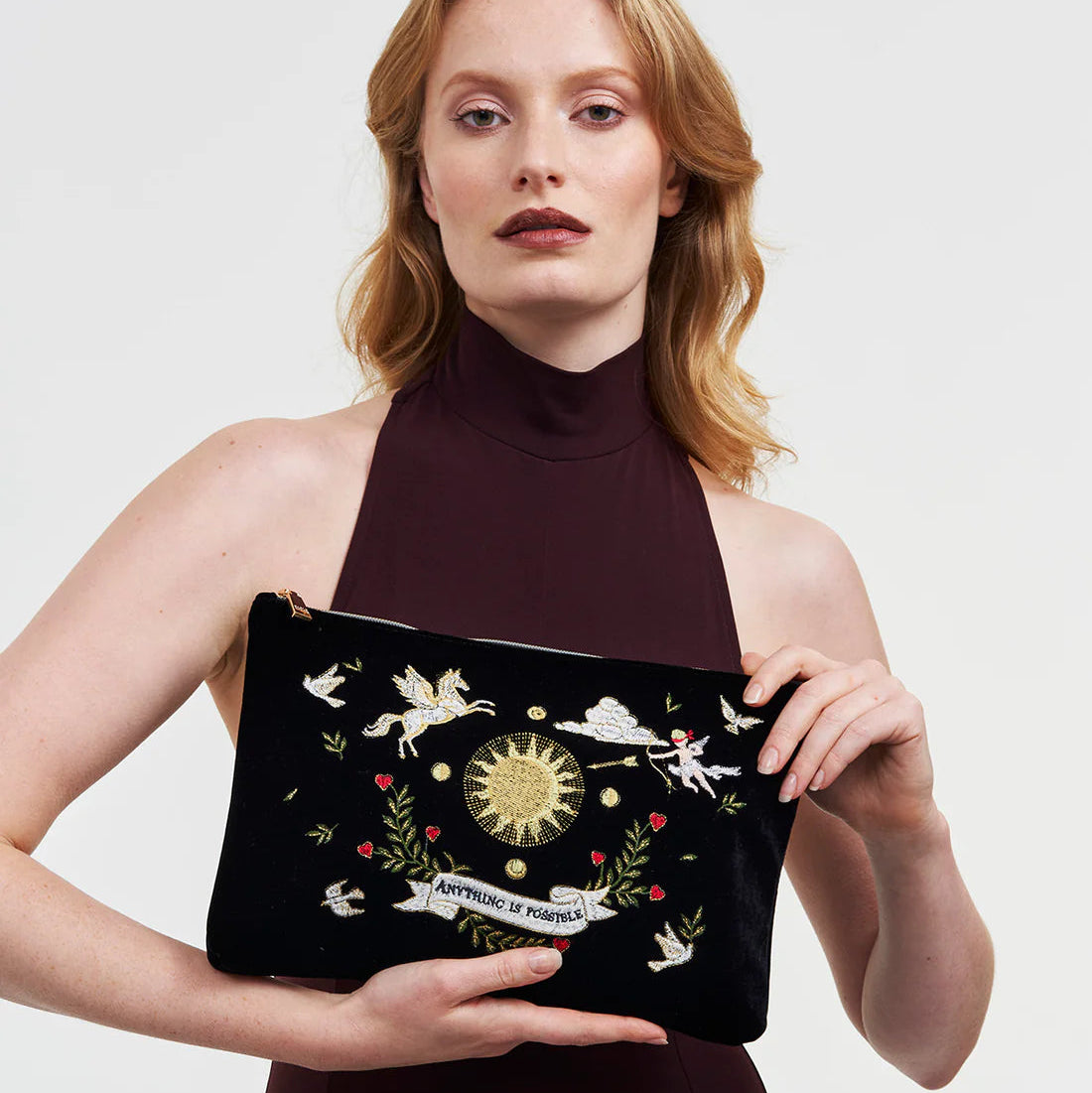 Fable England - Black Celestial Velvet Embroidered Pouch