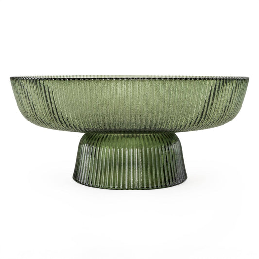 20cm Ridged Glass Pedestal Bowl - Green