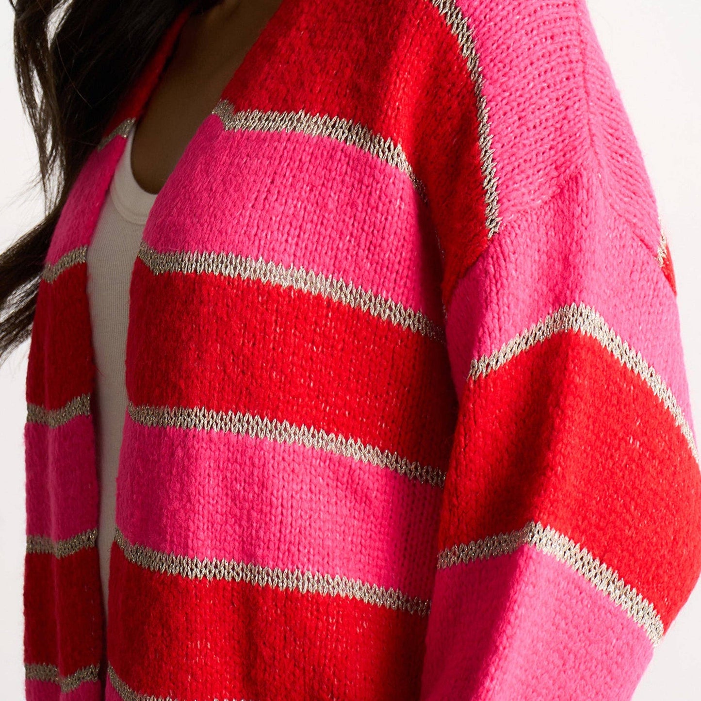 Glitter Striped Italian Wool Blend Cardigan in Red: One-size (UK 8-18)