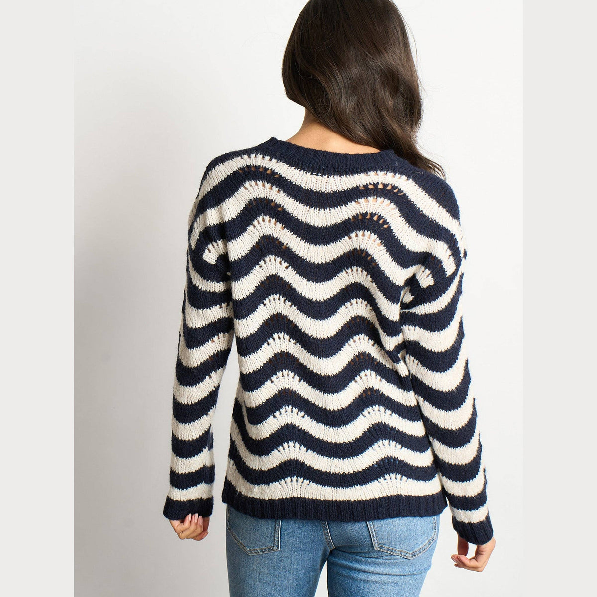 Wave Stripe Scalloped Italian Wool Blend Jumper in Cream/Navy Blue - One-size (UK 8-18)