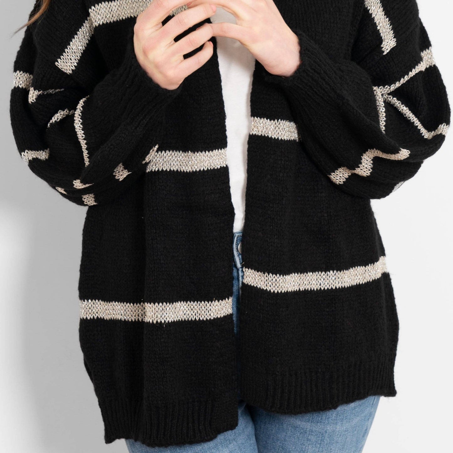 Lucy Wool Blend Cardigan - Black, Gold/Striped: One-size (UK 8-18)