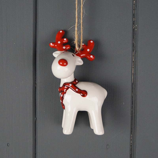 Red and White Ceramic Deer Bauble