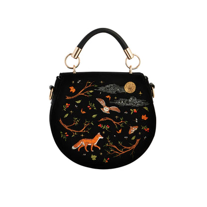Fable - Black Fox and Owl Embroidered Top Handle Saddle Bag