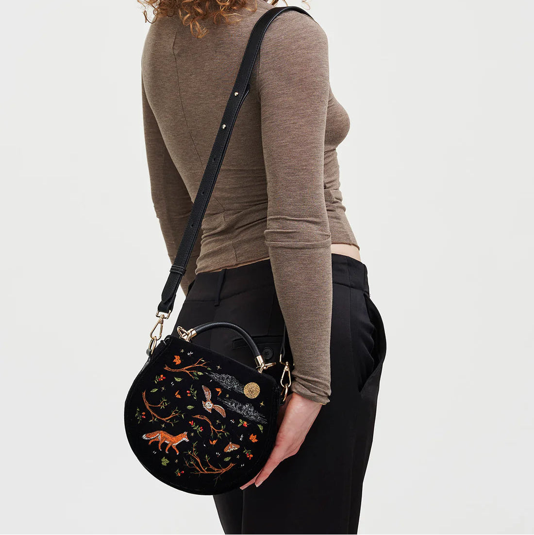 Fable - Black Fox and Owl Embroidered Top Handle Saddle Bag