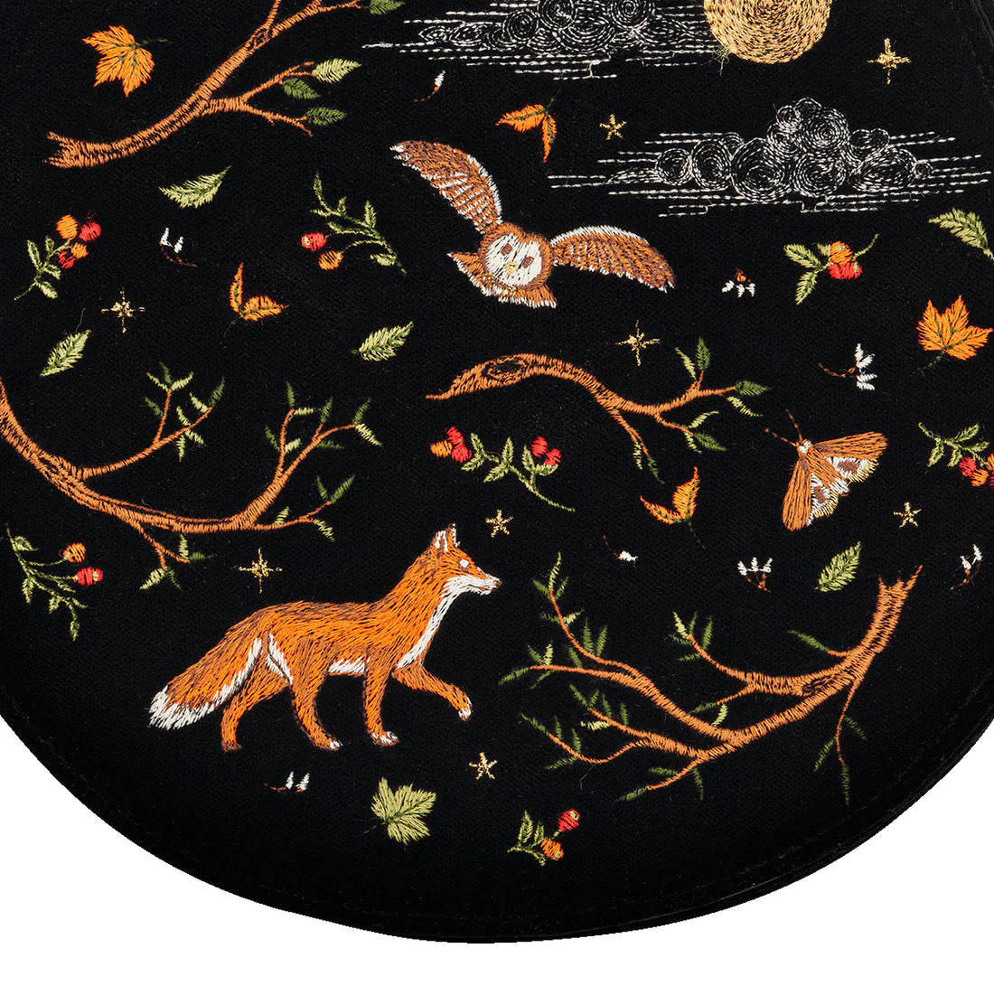 Fable - Black Fox and Owl Embroidered Top Handle Saddle Bag