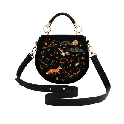 Fable - Black Fox and Owl Embroidered Top Handle Saddle Bag
