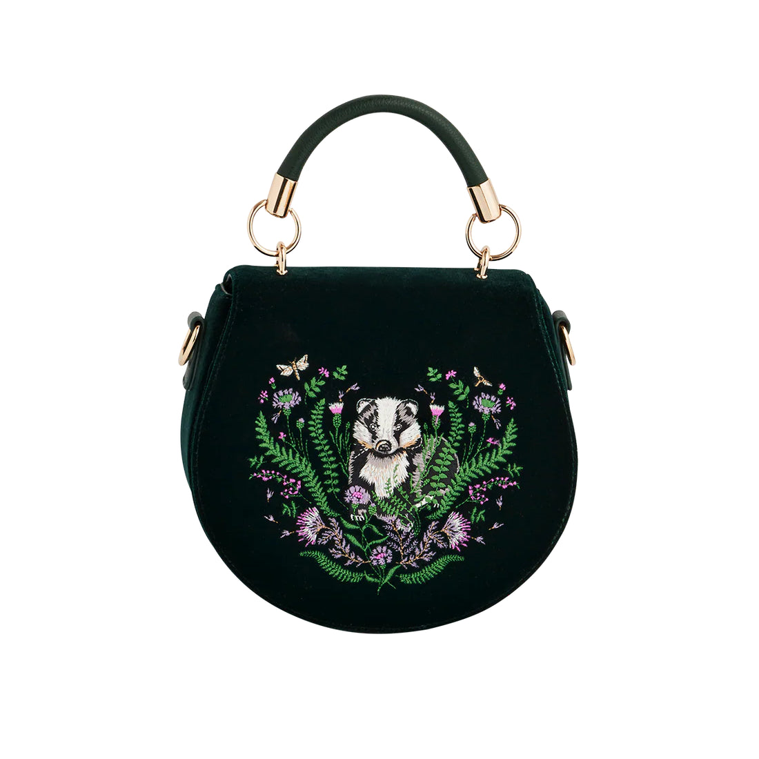 Fable - Green Badger Embroidered Top Handle Saddle Bag