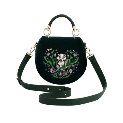 Fable - Green Badger Embroidered Top Handle Saddle Bag