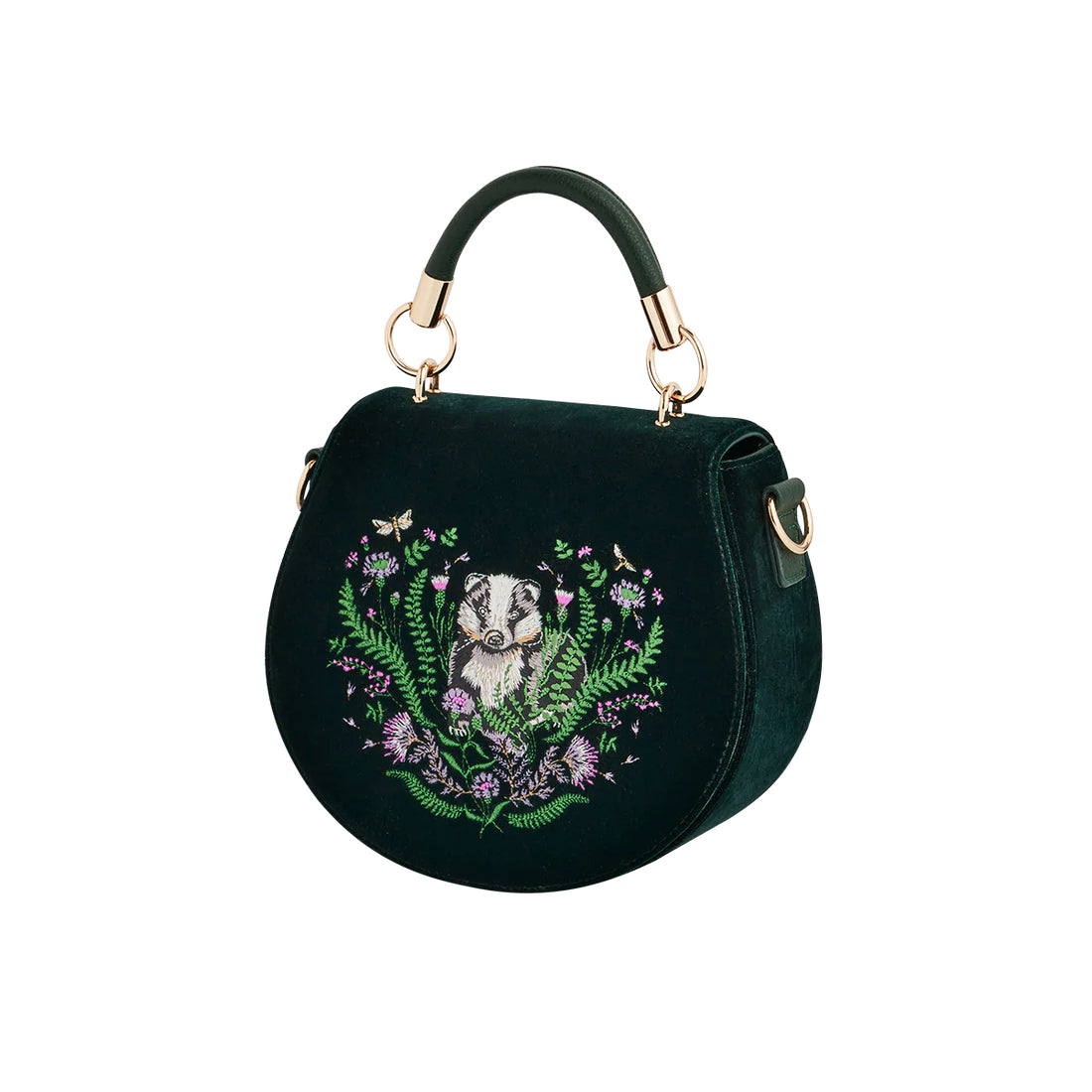 Fable - Green Badger Embroidered Top Handle Saddle Bag