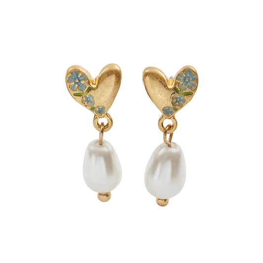 Fable England - Forget-Me-Not Heart & Pearl Huggie Earrings