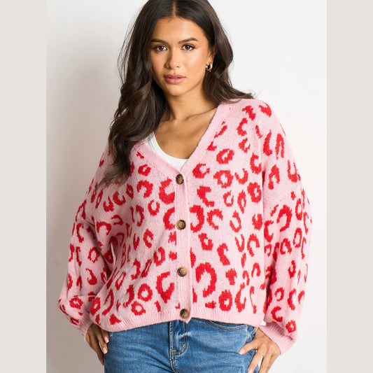 Leopard Print Italian Wool Blend Cardigan in Pink/Red: One-size (UK 8-18)