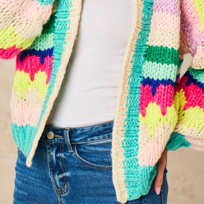 Hand Knitted Rainbow Striped Cardigan in Multi: One-size (UK 8-18)