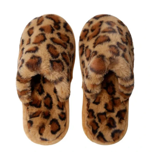 Black Colour Leopard Print Fur Slipper