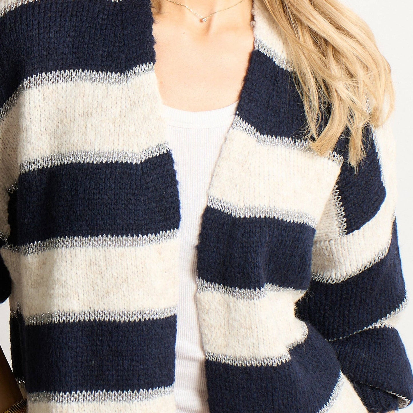 Glitter Striped Italian Wool Blend Cardigan in Navy Blue: One-size (UK 8-18)