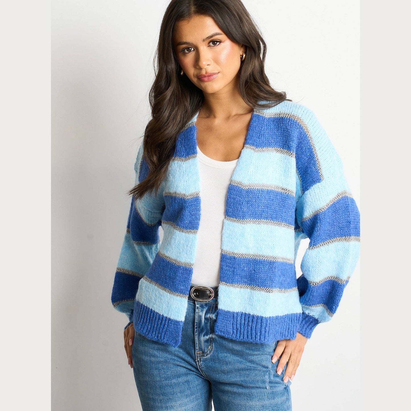 Glitter Striped Italian Wool Blend Cardigan in Blue: One-size (UK 8-18)
