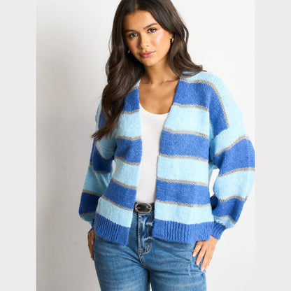 Glitter Striped Italian Wool Blend Cardigan in Blue: One-size (UK 8-18)