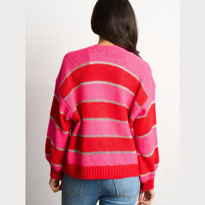 Glitter Striped Italian Wool Blend Cardigan in Red: One-size (UK 8-18)